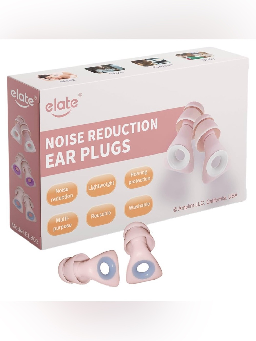 Elate Noise Reduction Ear Plugs Reusable 3 Interchangeable Color Rings NEW
